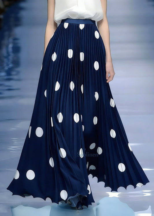 Natural Dark Blue Dot Patchwork Pleated Skirt