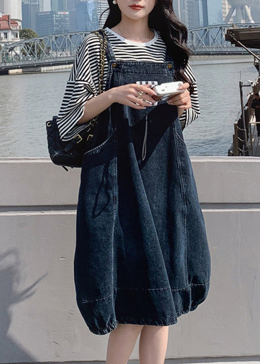 Vestido largo de tirantes finos sin mangas con cuello oblicuo y patchwork en azul denim natural