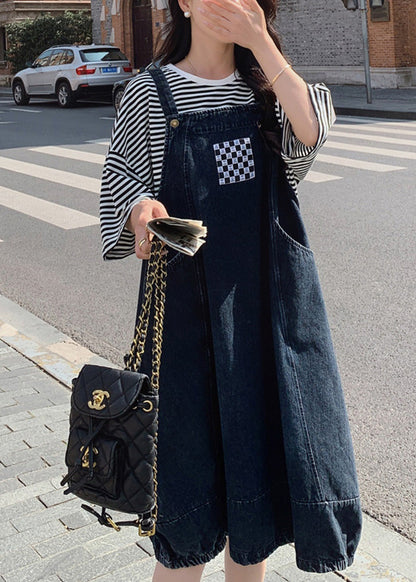 Vestido largo de tirantes finos sin mangas con cuello oblicuo y patchwork en azul denim natural