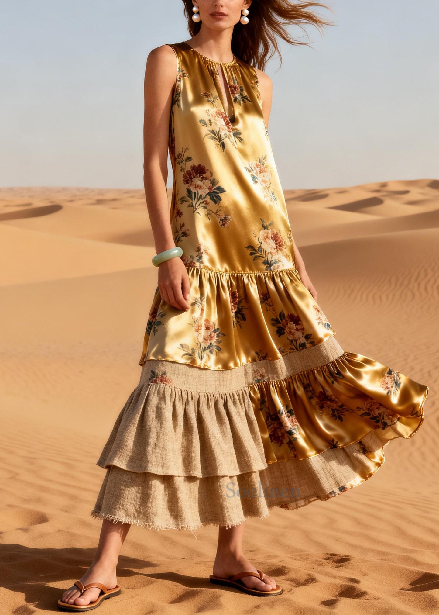 Natural Golden Asymmetrical Patchwork Print Linen Silk Maxi Dresses Sleeveless