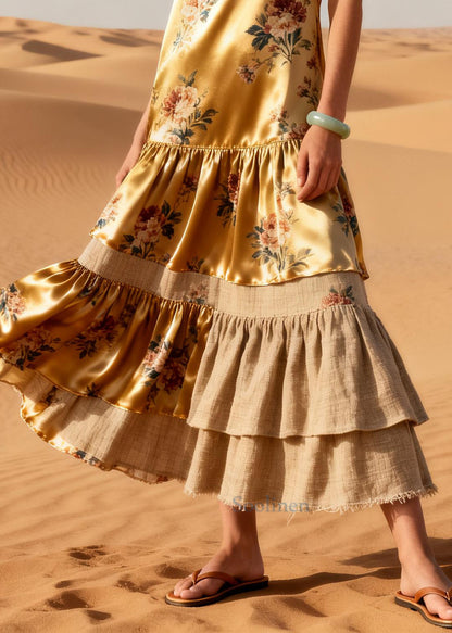 Natural Golden Asymmetrical Patchwork Print Linen Silk Maxi Dresses Sleeveless