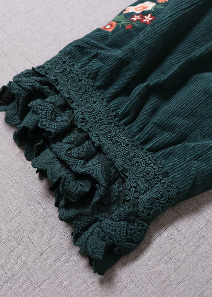 Natürliche grüne bestickte Spitze Patchwork Cordhose Winter