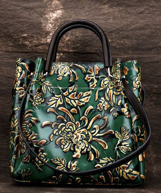 Natural Green Floral Paitings Calf Leather Satchel Handbag