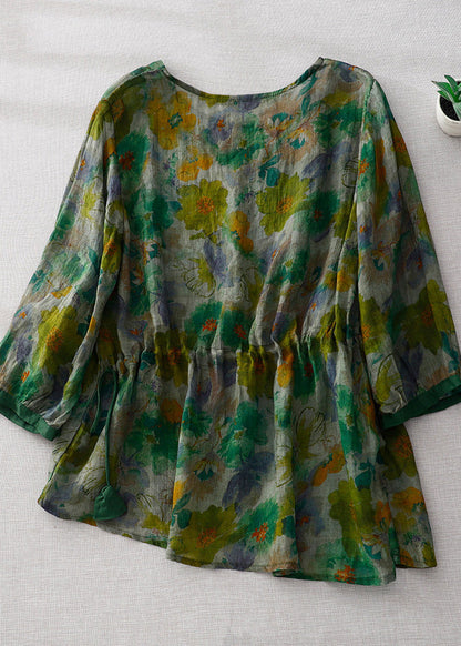 Blusa de lino arrugada con cuello redondo y estampado verde natural de manga larga