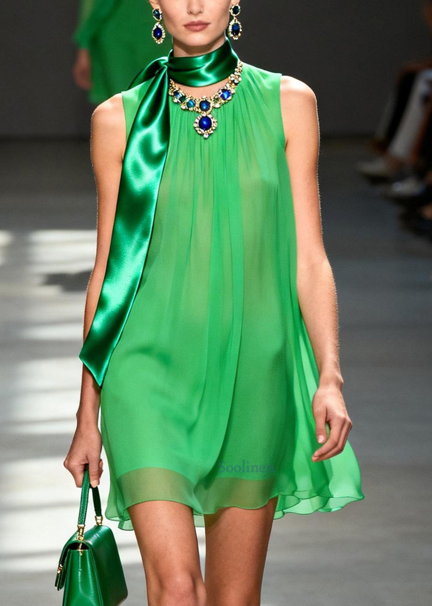 Natural Green Oversized Draping Chiffon Mini Dress Sleeveless