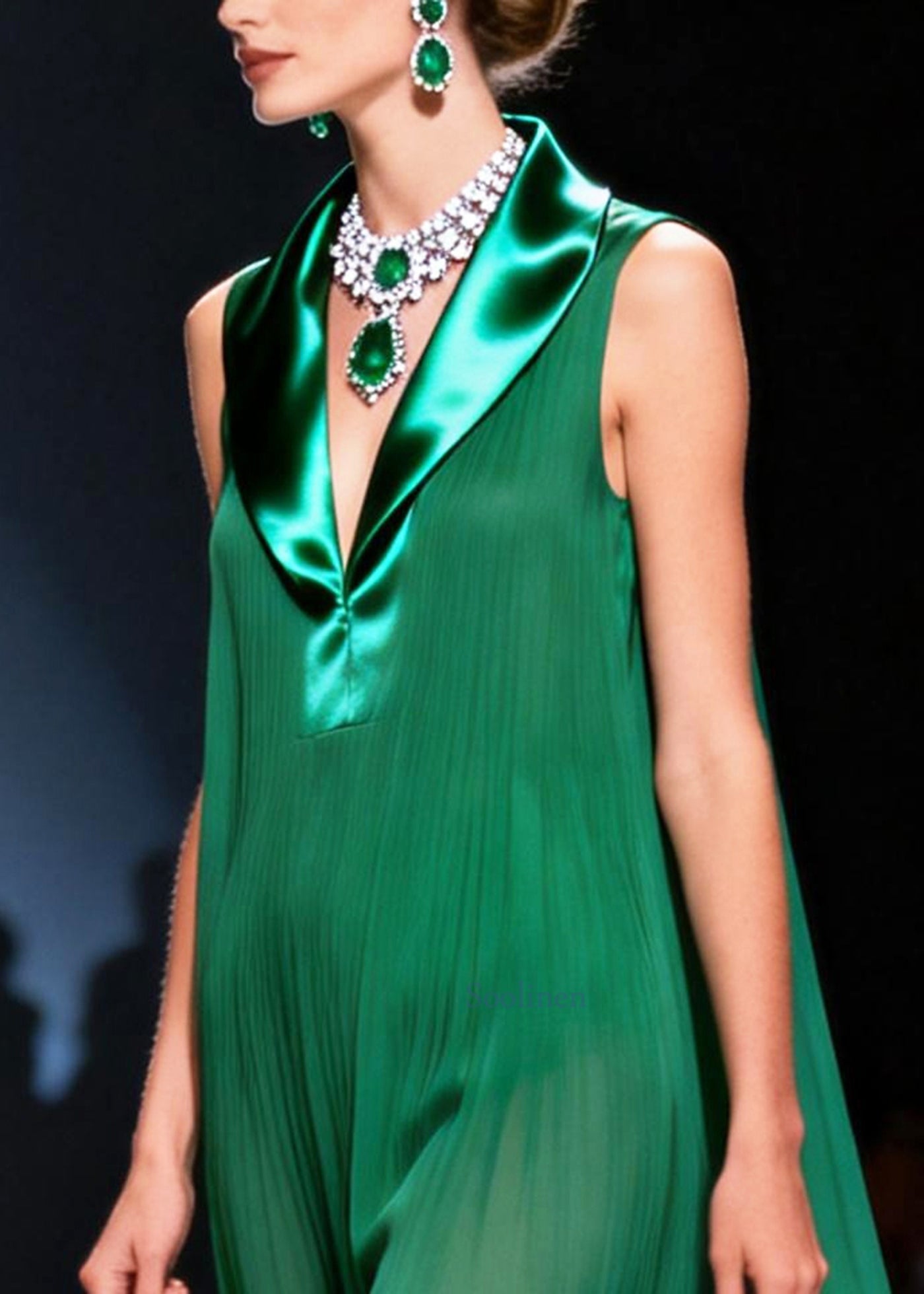 Natural Green Peter Pan Collar Patchwork Chiffon Holiday Dress Sleeveless
