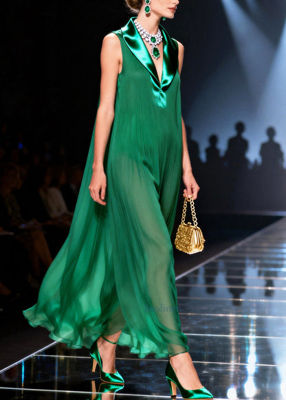 Natural Green Peter Pan Collar Patchwork Chiffon Holiday Dress Sleeveless