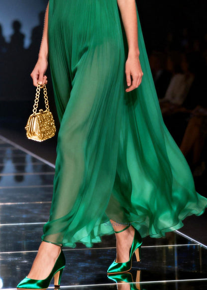 Natural Green Peter Pan Collar Patchwork Chiffon Holiday Dress Sleeveless