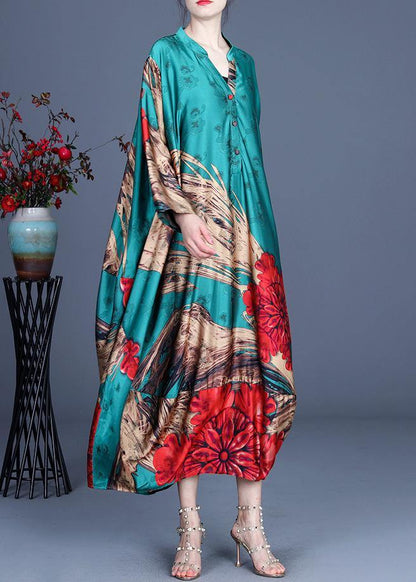 Natural Green Print Chiffon Oversize Summer Spring Robe Dresses - SooLinen