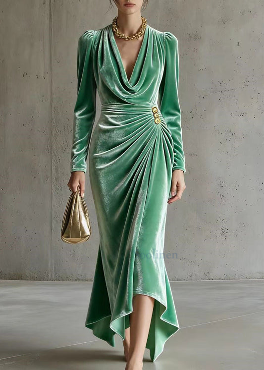 Natural Green Turtle Neck Wrinkled Silk Velvet Party Dress Spring