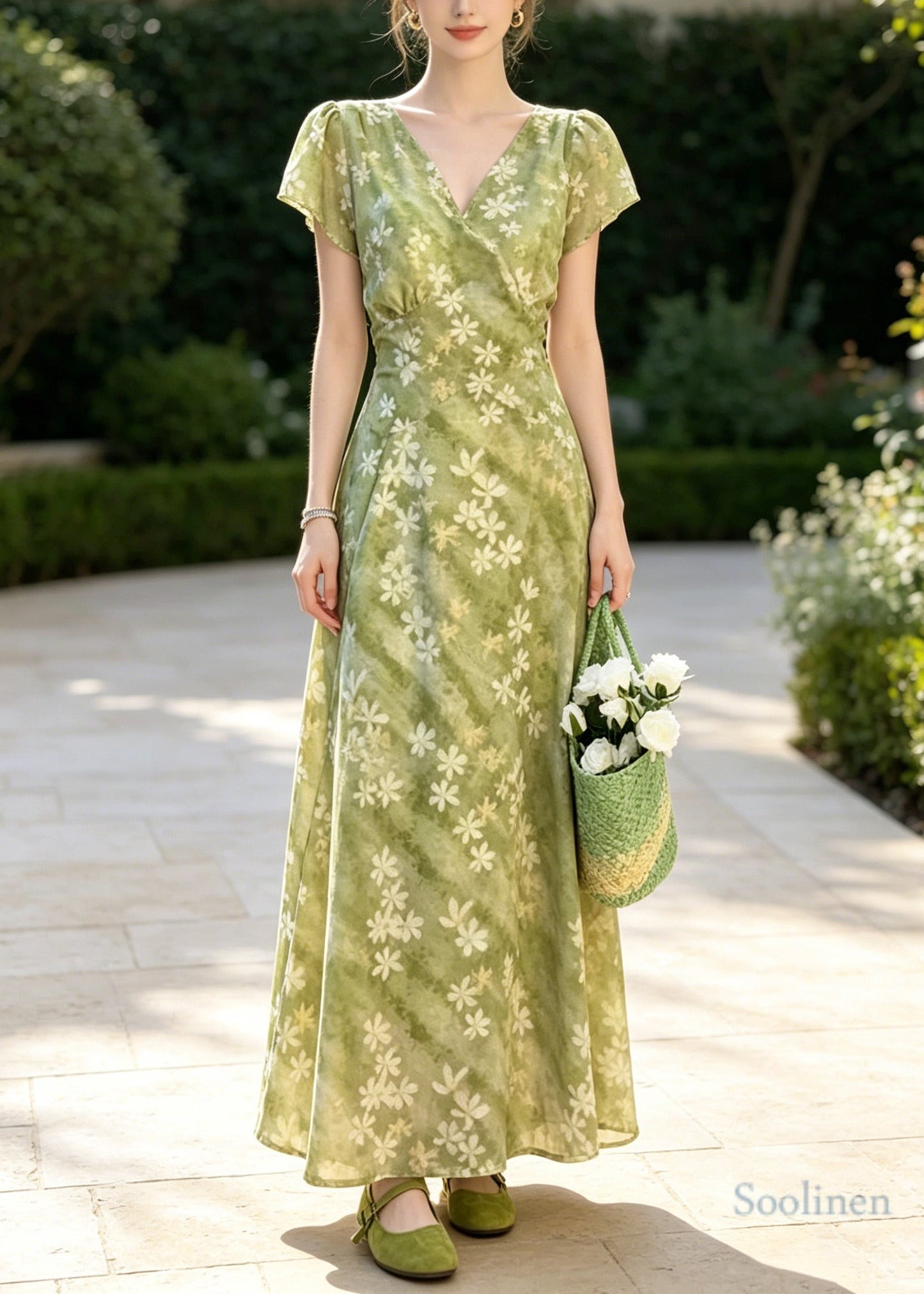 Natural Green V Neck Print Chiffon Vacation Dresses Summer