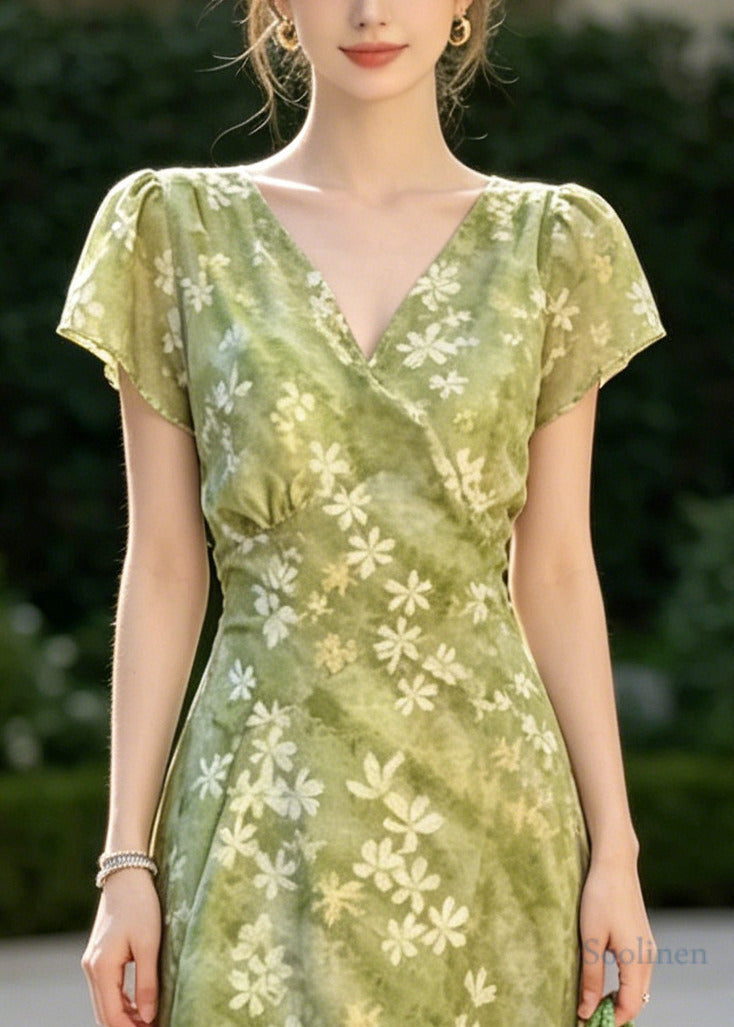 Natural Green V Neck Print Chiffon Vacation Dresses Summer
