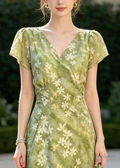Natural Green V Neck Print Chiffon Vacation Dresses Summer