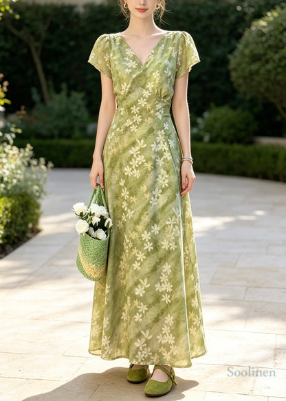 Natural Green V Neck Print Chiffon Vacation Dresses Summer