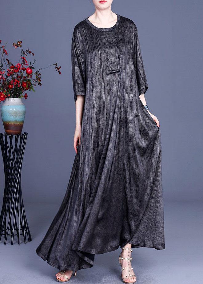 Natural Green Vintage Asymmetrical Button Summer Silk Summer Dresses - SooLinen