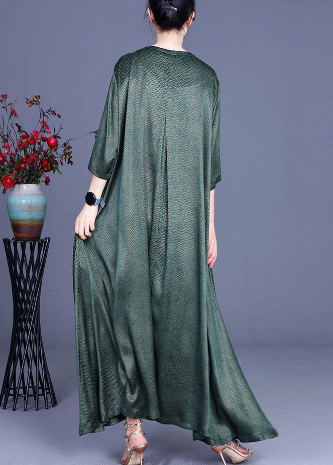 Natural Green Vintage Asymmetrical Button Summer Silk Summer Dresses - SooLinen