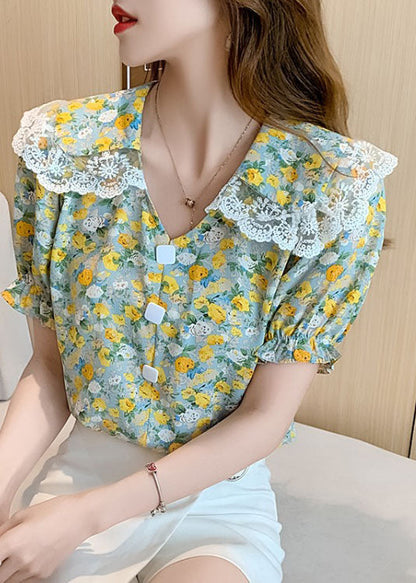 Natürliche Grüne taste Peter Pan Kragen Spitze Patchwork Chiffon Blusen Kurzarm