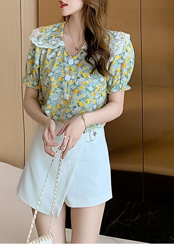 Natürliche Grüne taste Peter Pan Kragen Spitze Patchwork Chiffon Blusen Kurzarm