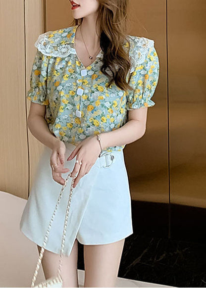 Natürliche Grüne taste Peter Pan Kragen Spitze Patchwork Chiffon Blusen Kurzarm