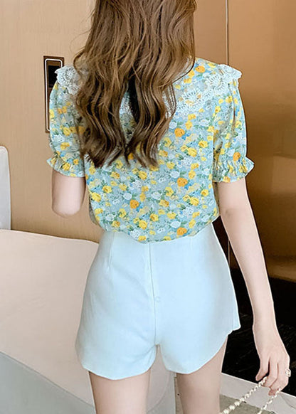 Natürliche Grüne taste Peter Pan Kragen Spitze Patchwork Chiffon Blusen Kurzarm