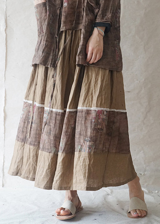 Natürliche Grün elastische taille kordelzug druck Patchwork Leinen Rock Frühling