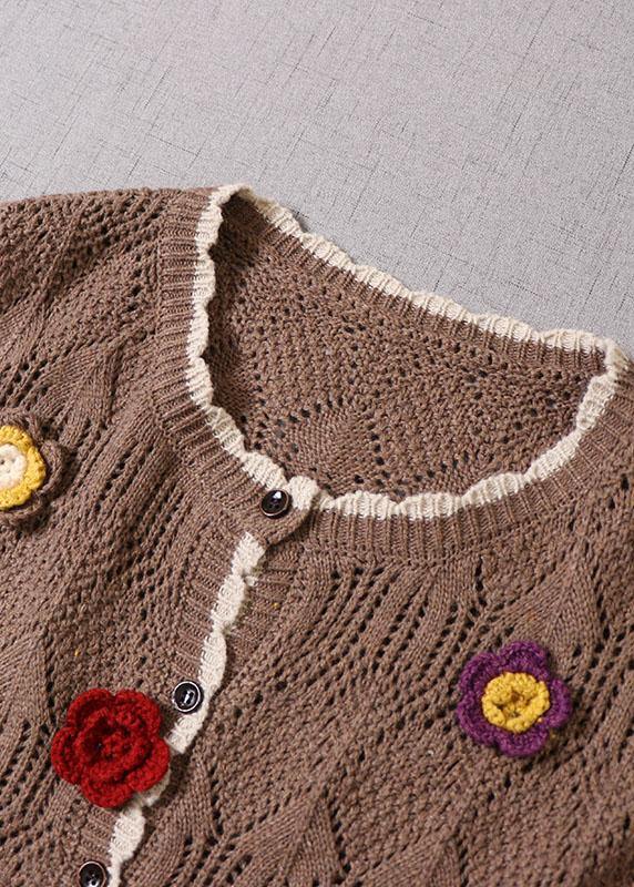 Natural Grey Hollow Out Button Floral Fall Knit Vest - SooLinen