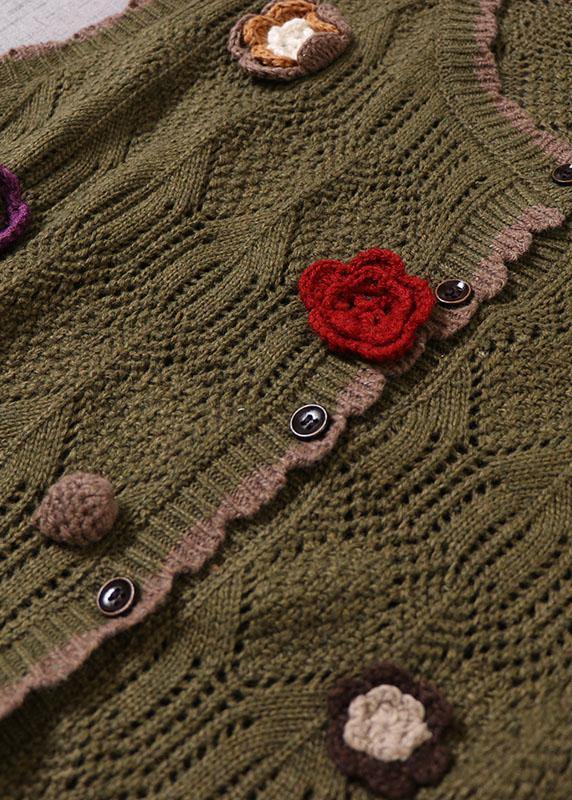 Natural Grey Hollow Out Button Floral Fall Knit Vest - SooLinen