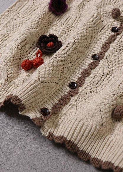 Natural Grey Hollow Out Button Floral Fall Knit Vest - SooLinen