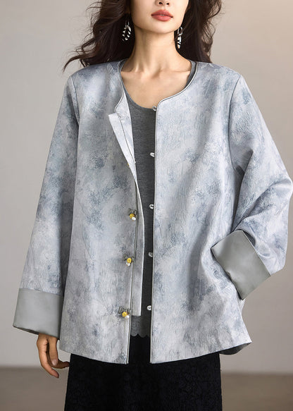 Naturgrauer Jacquard-Seidenmantel mit chinesischen Knöpfen, Frühlingsjacke