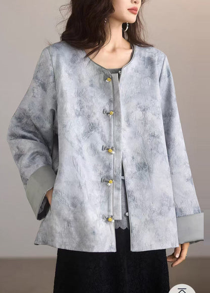 Naturgrauer Jacquard-Seidenmantel mit chinesischen Knöpfen, Frühlingsjacke