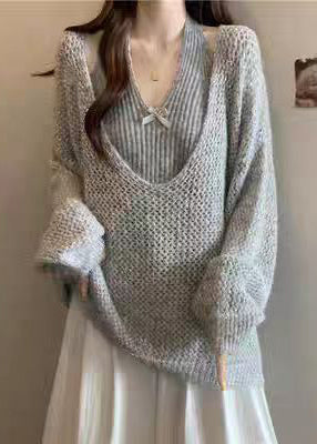 Natural Grey Oversized Halter Knit Two Piece Set Outfits Winter