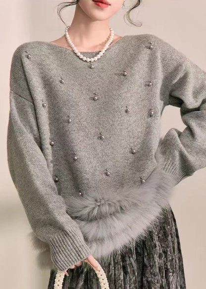 Suéter de punto de algodón mullido con piel afelpada y cuentas de uñas de patchwork gris natural para primavera