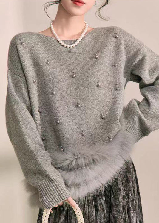 Suéter de punto de algodón mullido con piel afelpada y cuentas de uñas de patchwork gris natural para primavera