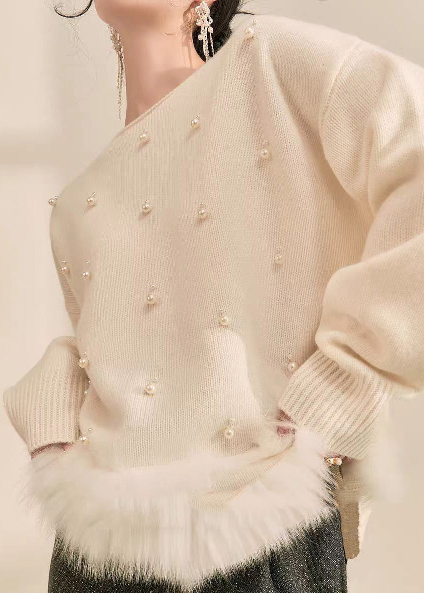 Suéter de punto de algodón mullido con piel afelpada y cuentas de uñas de patchwork gris natural para primavera