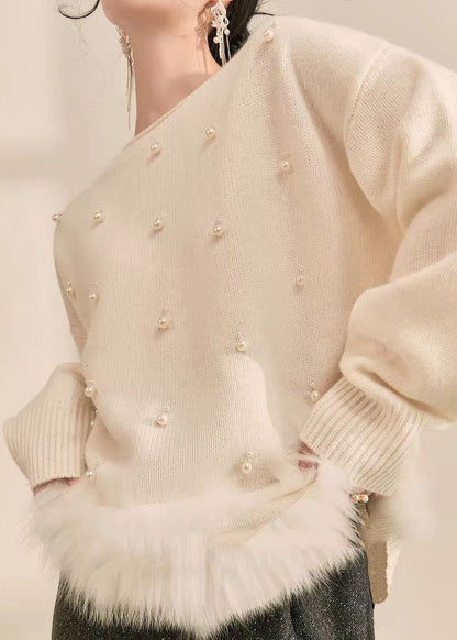 Suéter de punto de algodón mullido con piel afelpada y cuentas de uñas de patchwork gris natural para primavera