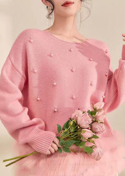 Suéter de punto de algodón mullido con piel afelpada y cuentas de uñas de patchwork gris natural para primavera