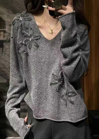 Natural Grey V Neck Floral Cozy Cotton Knit Sweater Spring