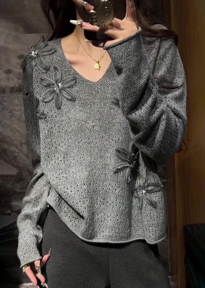 Natural Grey V Neck Floral Cozy Cotton Knit Sweater Spring