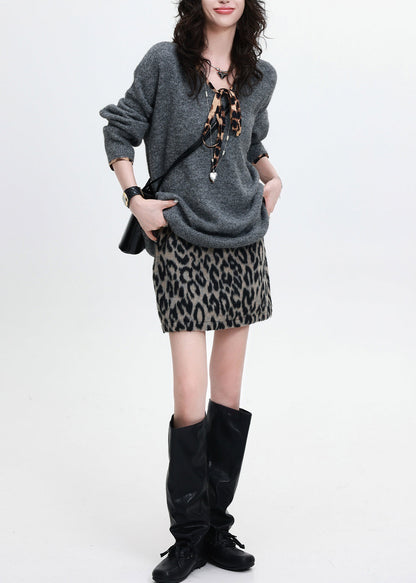 Suéteres de punto de gran tamaño con cuello en V en gris natural para invierno