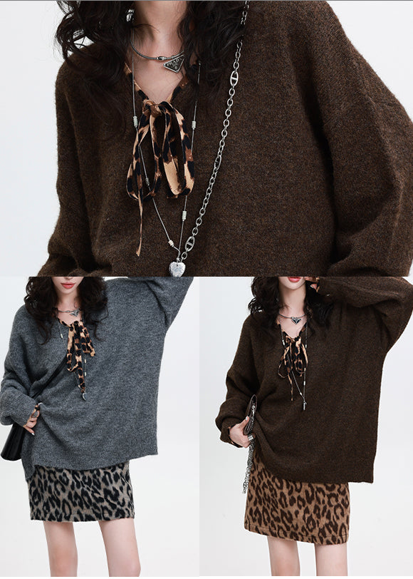 Suéteres de punto de gran tamaño con cuello en V en gris natural para invierno