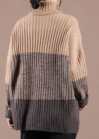Natural Khaki Colorblock High neck Fall Knit Sweater - SooLinen