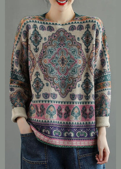 Natürlicher Khaki-Pullover mit lockerem Print im Herbst mit orientalischem Strick