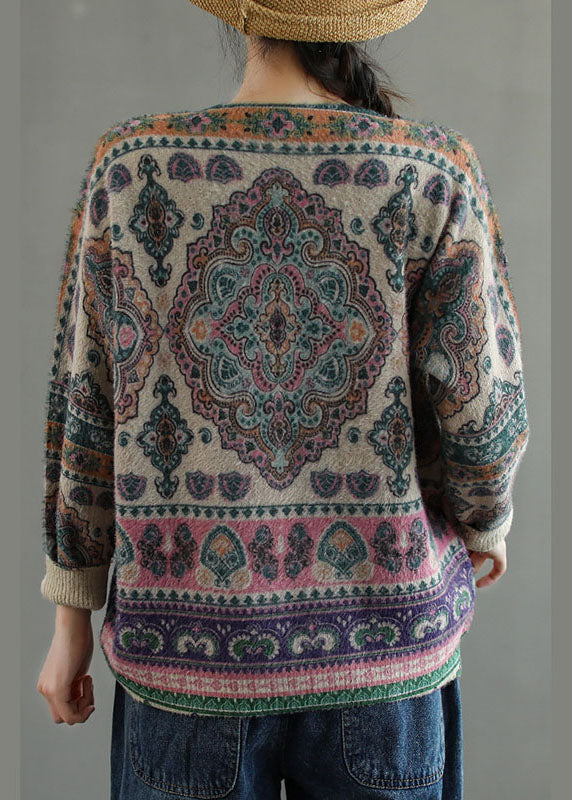 Natürlicher Khaki-Pullover mit lockerem Print im Herbst mit orientalischem Strick