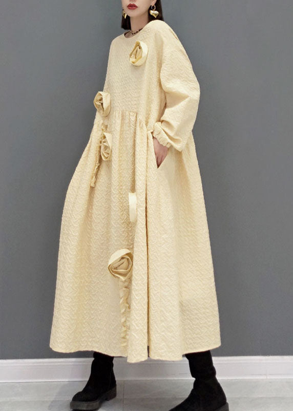 Natürliche Khaki O-Ausschnitt Cinched Floral Robe Kleider Frühling