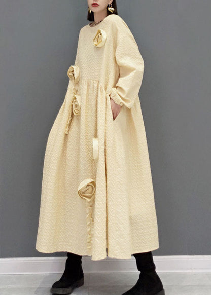 Natürliche Khaki O-Ausschnitt Cinched Floral Robe Kleider Frühling