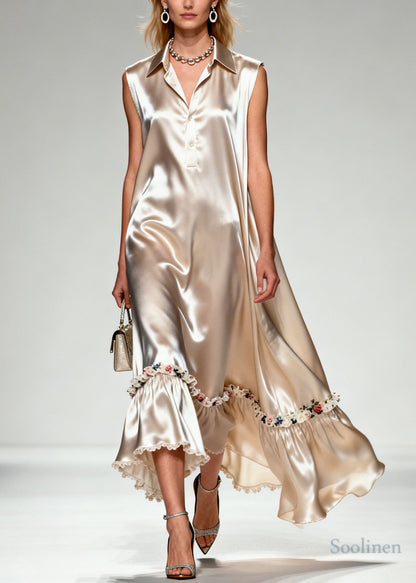 Natural Khaki Peter Pan Collar Patchwork Flower Silk Maxi Dress Sleeveless