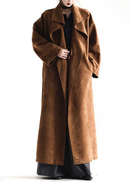 Natural Khaki Peter Pan Collar Pockets Faux Suede Trench Coats Fall