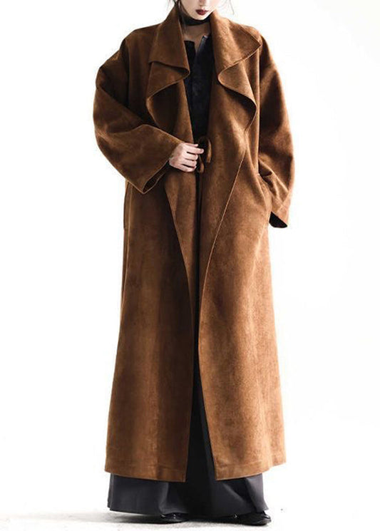 Natural Khaki Peter Pan Collar Pockets Faux Suede Trench Coats Fall