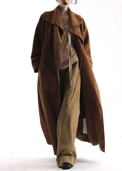 Natural Khaki Peter Pan Collar Pockets Faux Suede Trench Coats Fall