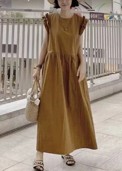 Natural Khaki Scallop Trim Cotton Maxi Dress Summer